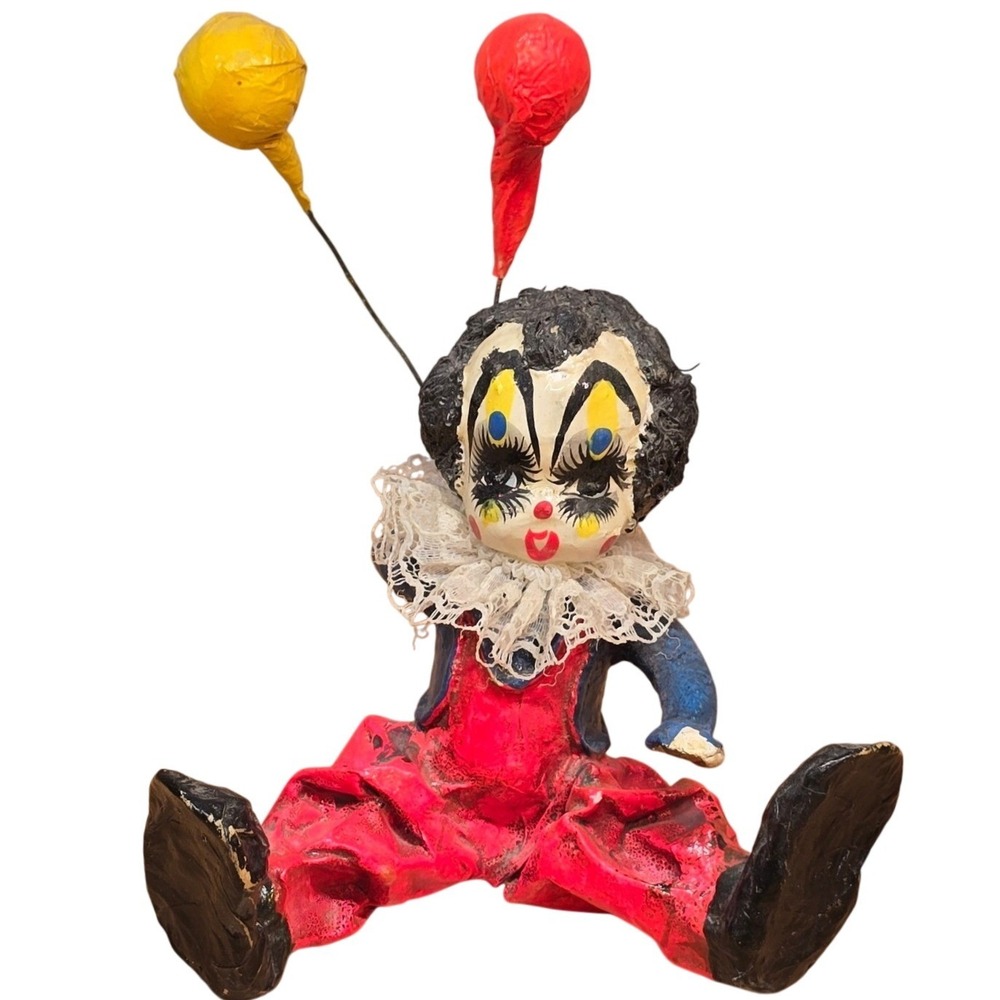 Clown‎ with Balloons Red Pants Lace Ruff around neck Handmade 4" Vintage 1970s